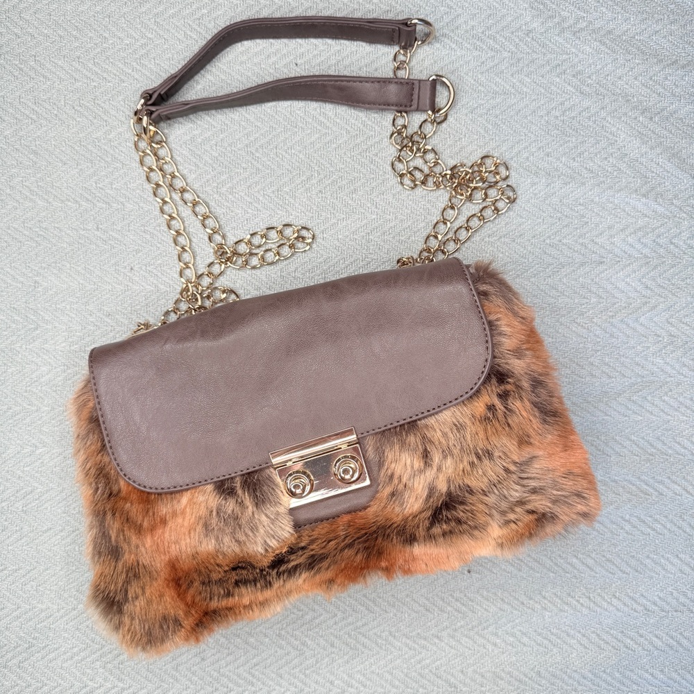 Donna Salyer fabulous furs faux fur brown leather crossbody chain purse